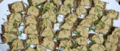 Canapes with mealworms Credit Peter Smithers