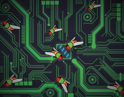 Ilustration of fruit flies on black circuitboard with green wiring Credit Omar Akbari