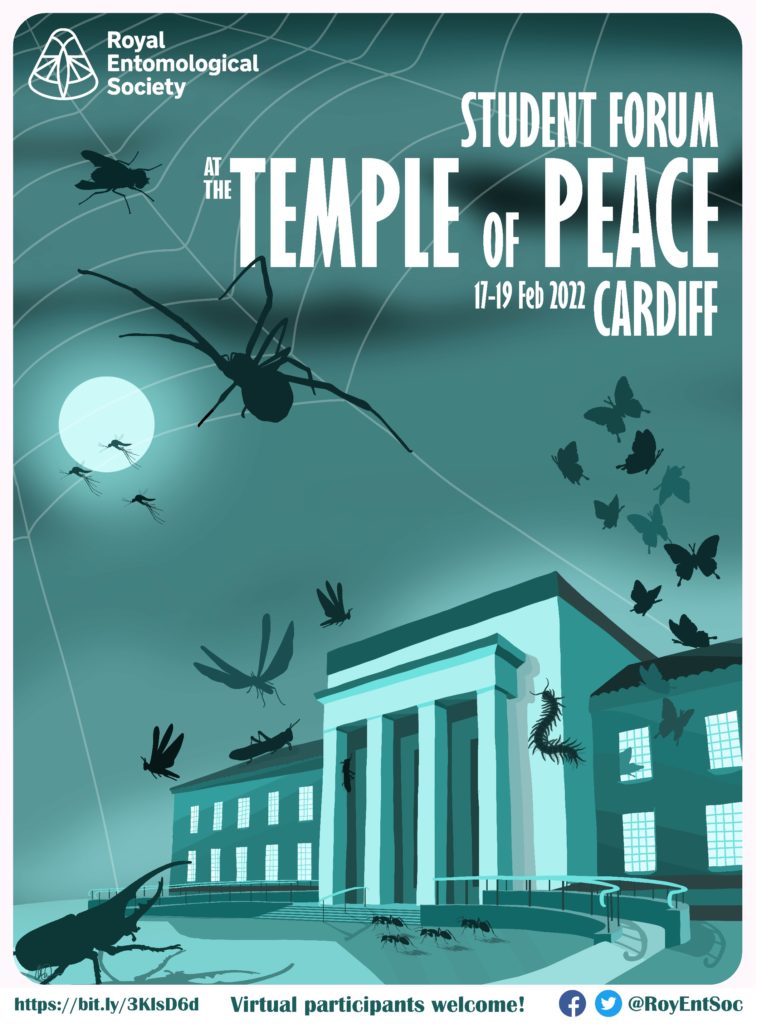 A poster depicting the Temple of Peace in Cardiff with insects on the background, created by @CharlieZoology for the RES Forum 22