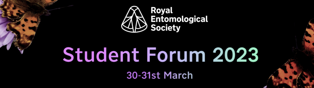 Advertising banner for the Student Forum 2023, 30-31st March. Black background with orange butterflies resting on purple flowers in the upper left and lower right corner.