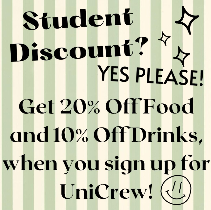 Get a Student discount at the Woodville on the Thursday evening social at the Student Forum! Get 20% off food and 10% off drinks when you sign up for UniCrew. Discount works Sunday to Thursday, you will be required to sign up with a university email.