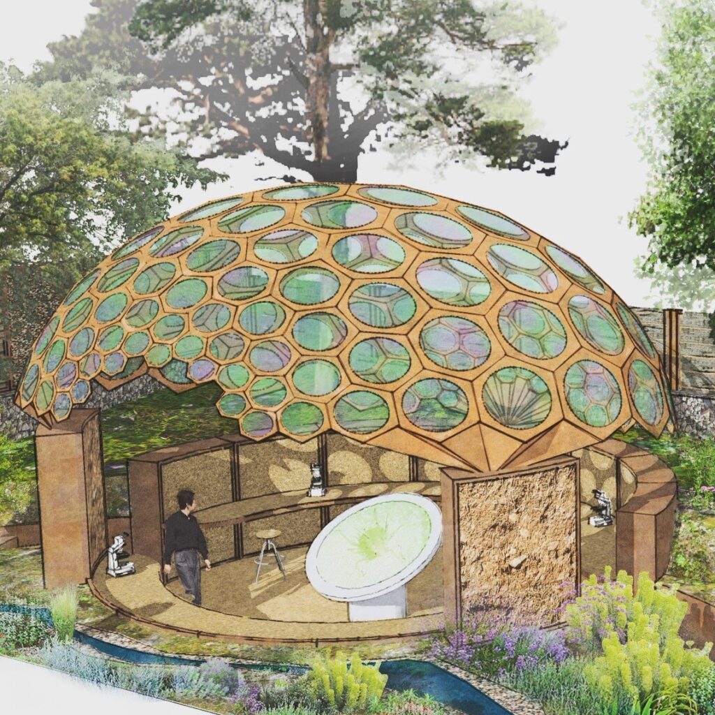 Image showing the plans for the RES Chelsea Garden, with large trees and smaller foliage, a small bridge over ponds and a dome designed and constructed with the insect's eye in mind.