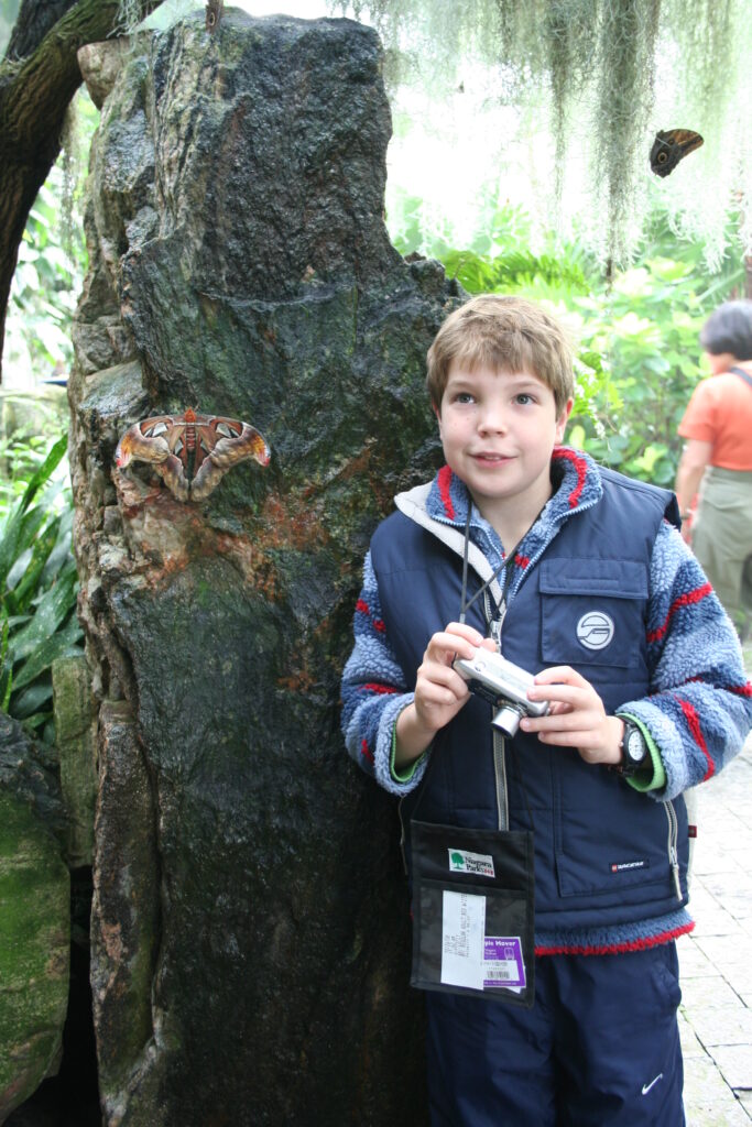 Photo of a young Douglas Boyes surrounded by butterflies