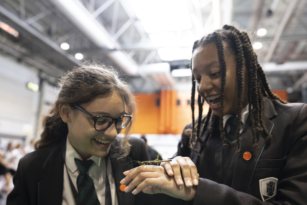 Young people holding insccts on the RES stand at the Big Bang Fair 2023