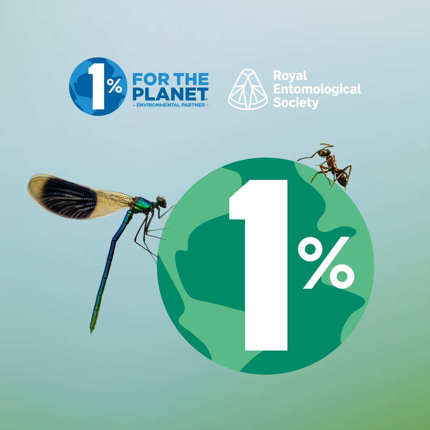 1 percent for the planet and RES partnership image featuring a green globe with an ant and damselfly either side of it