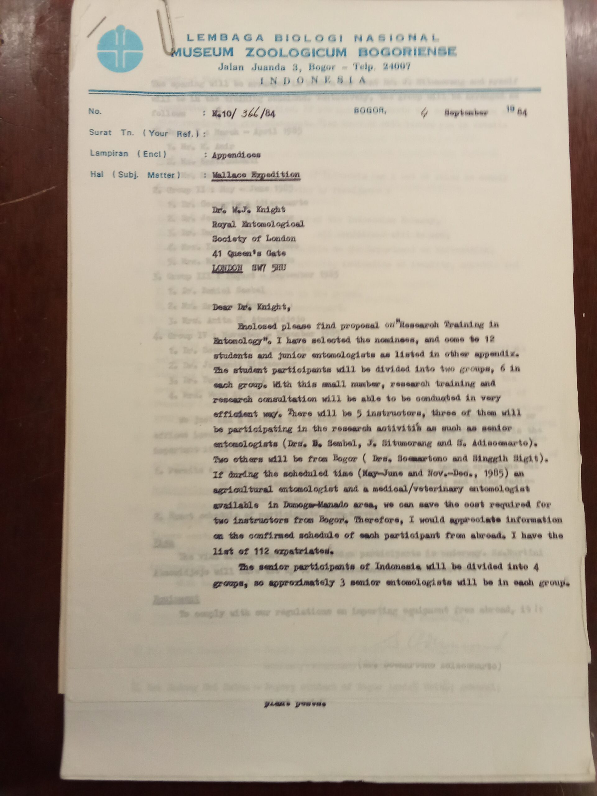 Lembaga Biologi Nasional - Museum Zoologicum Bogoriense, Jalan Juanda 3, Bogor - Telp, Indonesia - Wallace Expedition proposal on research training in entomology acceptance letter