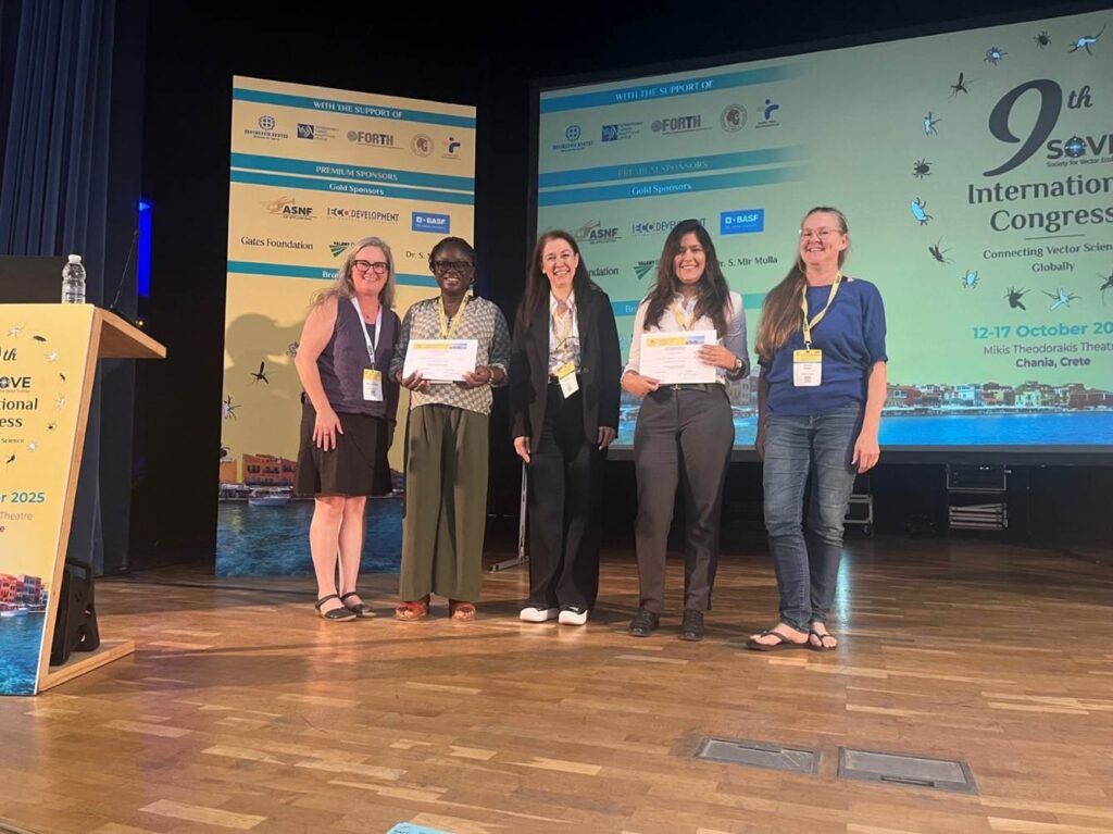 From left to right: Dr. Lyric Bartholomay (SOVE immediate Past-president); Dr. Rosine Z. Wolie (award recipient); Dr. Elina Patsoula (competition judge); Dr. Latifa Remadi (award recipient); Dr. Marieta Braks  (competition judge).