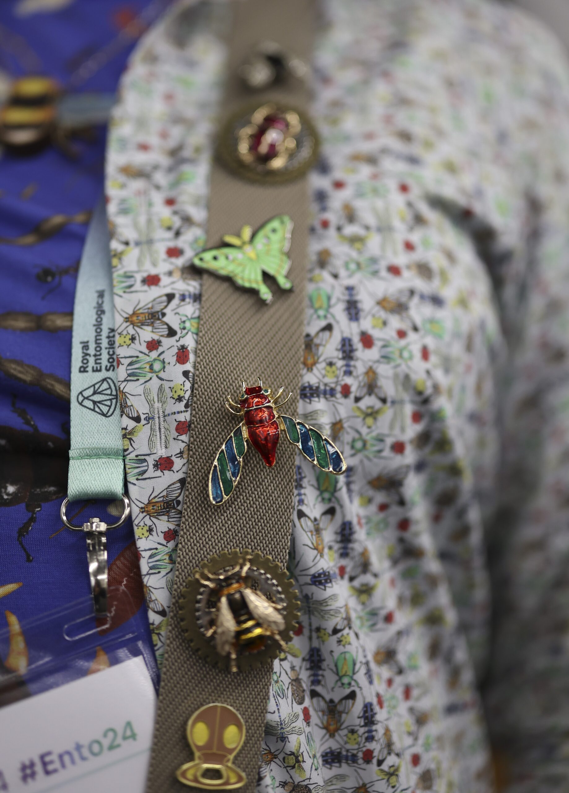 Insect themed badges on a bag strap representing EntoFashion at Ento25