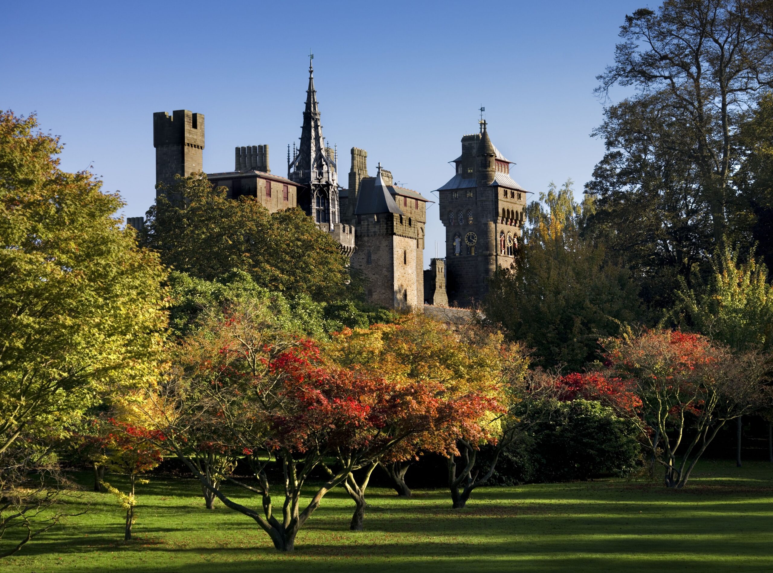 View of Cardiff Castle from Bute Park, Wales