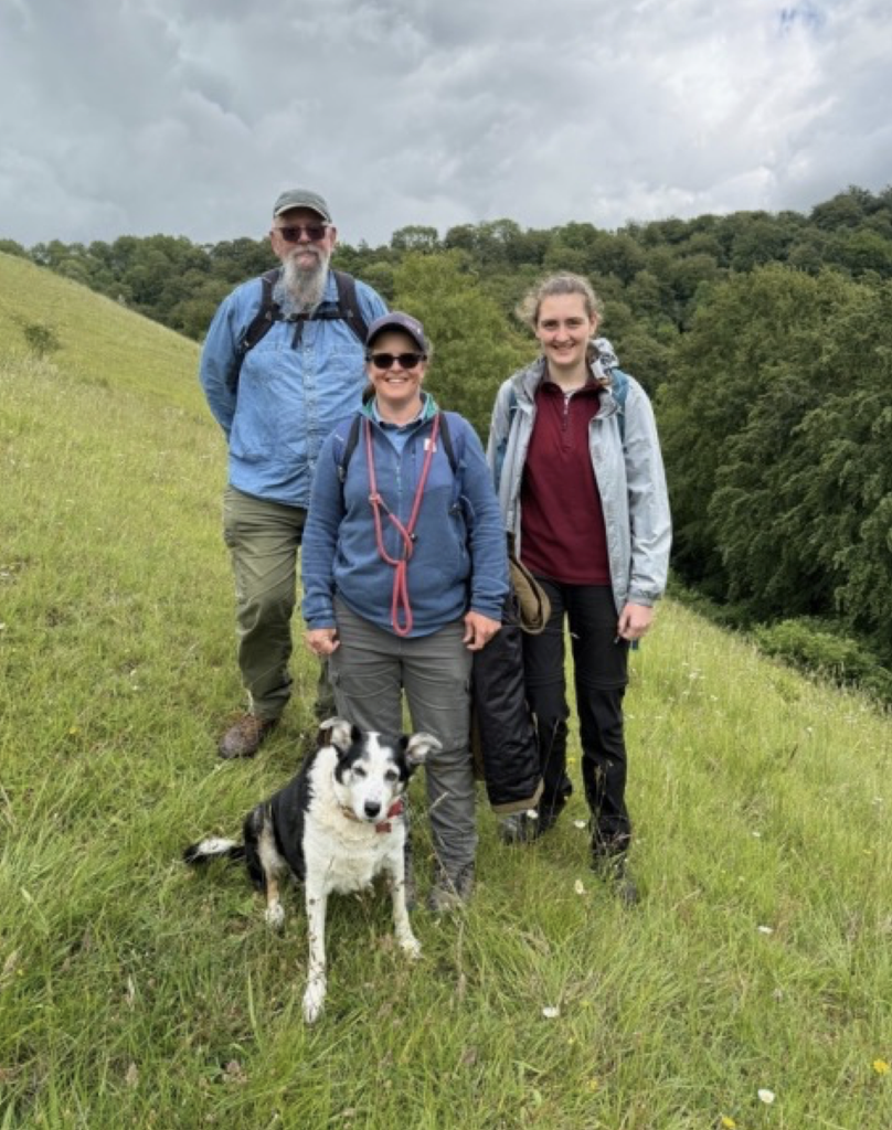 Figure 2. The RES conservation team of David Simcox, Sarah Meredith and Sophie
Mowbray monitoring a Large Blue site in the Cotswolds, recently colonised from
Daneway Banks. © Paul Hackman.